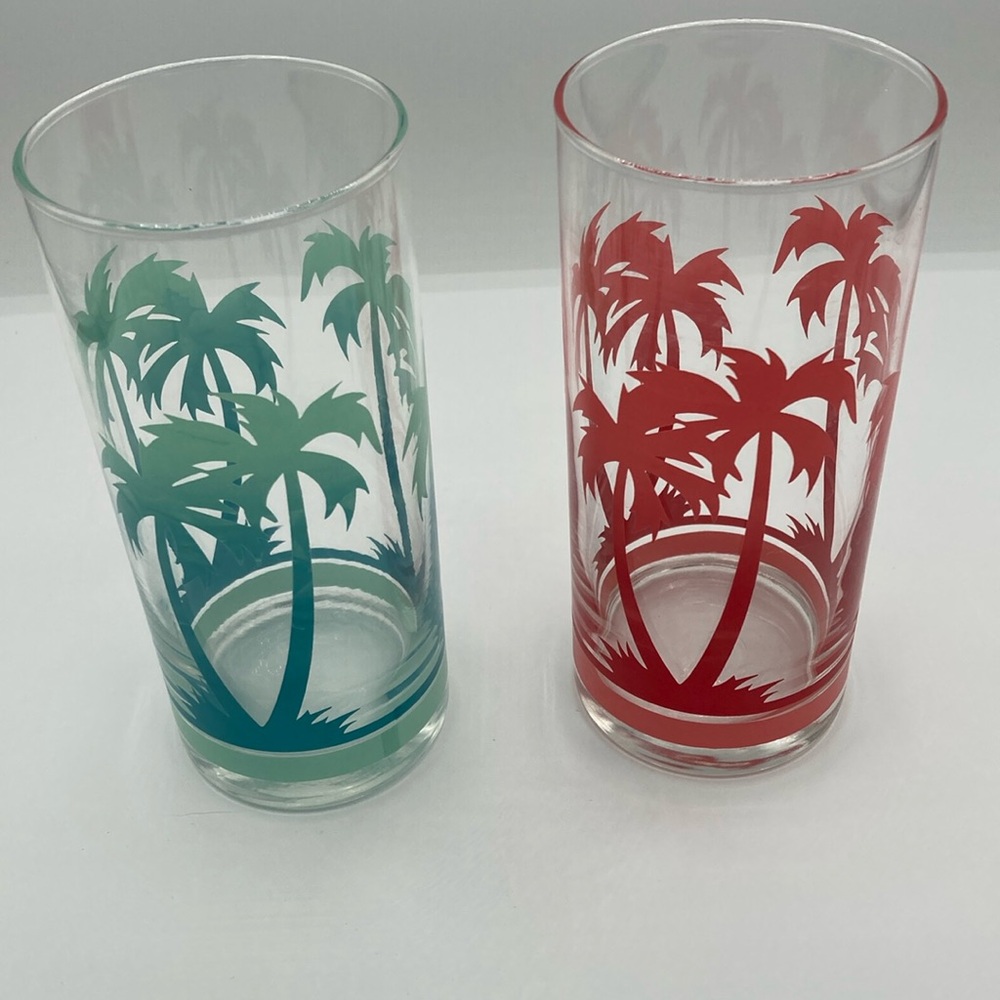 Two (2) TIKI style OCEAN Palm Tree Glasses - Get your beach on!